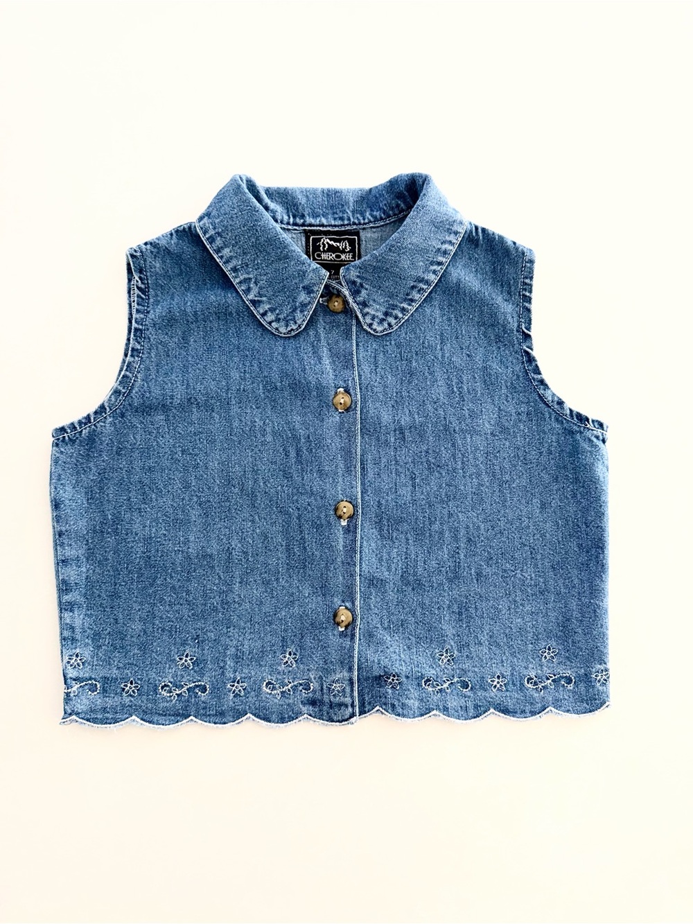 Vintage Cherokee Y2K Embroidered Denim Crop Vest Top • Kids Size 7